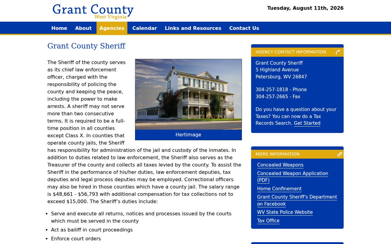 Grant County Sheriff official duties and contact information