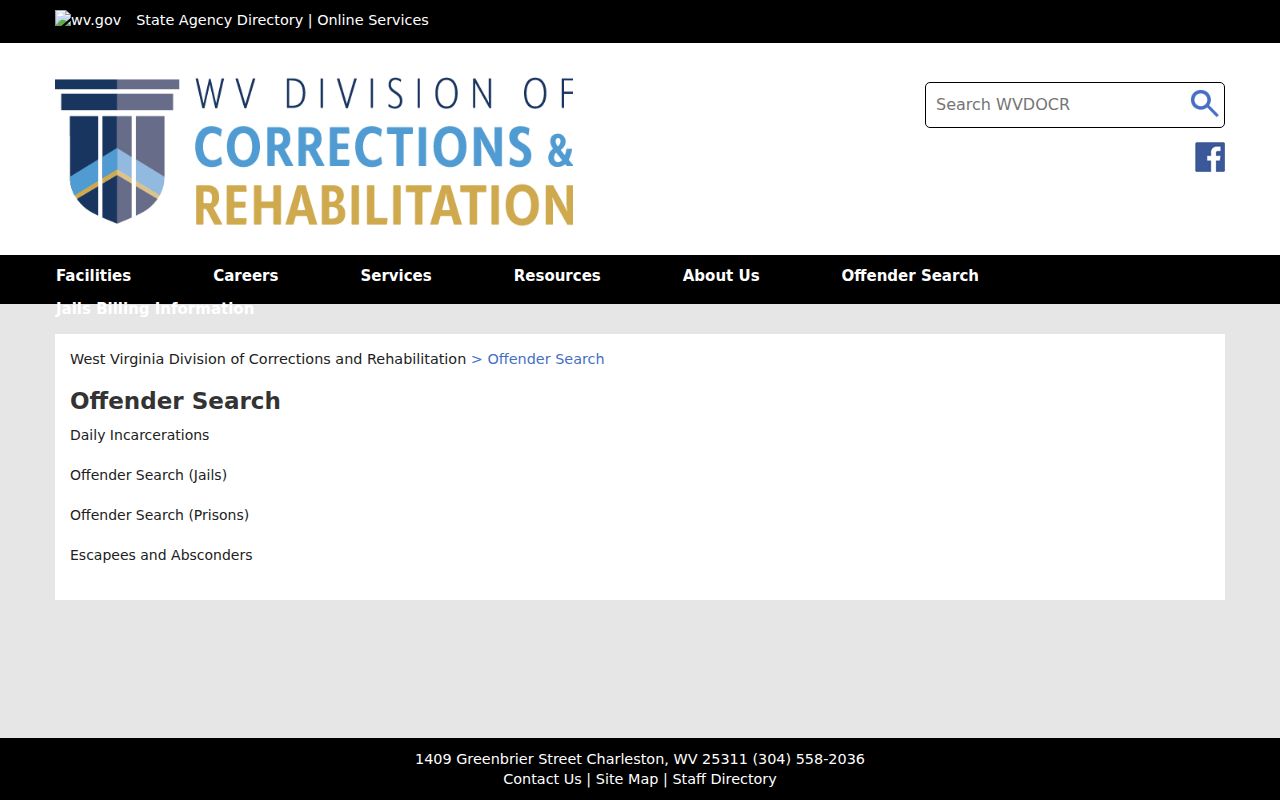 West Virginia Division of Corrections and Rehabilitation offender search hub