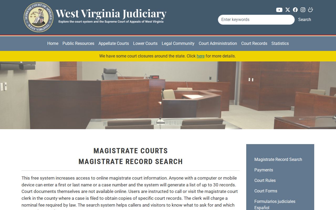 Official West Virginia Magistrate Record Search help and limitation notice