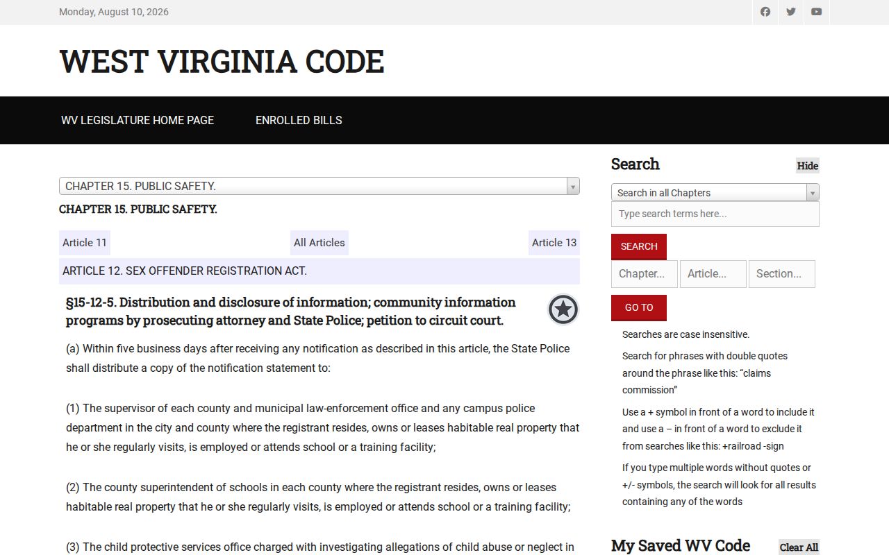 West Virginia disclosure law for Grant County sex offender registry records