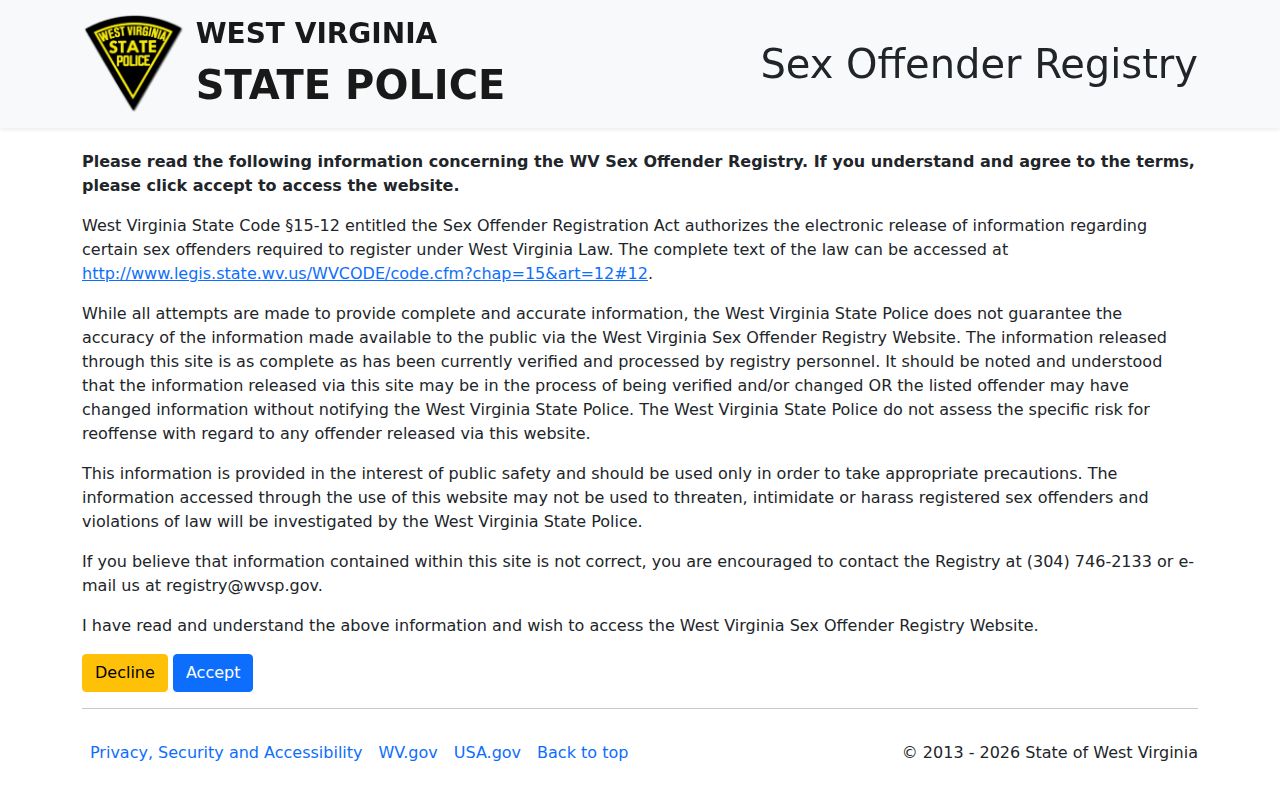 Grant County sex offender search on the WVSP basic registry form